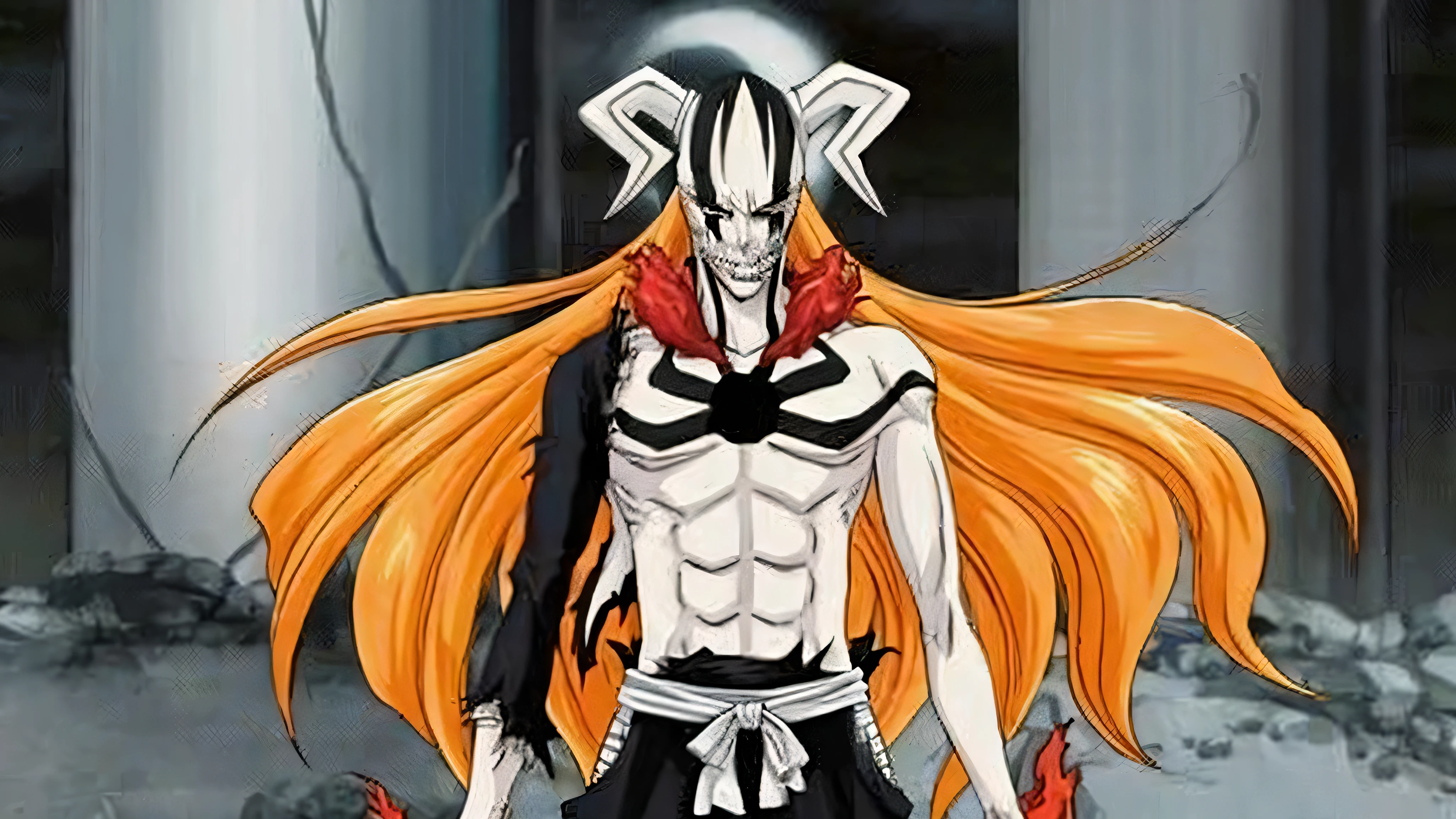 personagem de anime com cabelo laranja e uma espada em um quarto escuro, Ichigo Kurosaki, Ichigo, beautiful male Deus da morte, Bleach manga style, Shinigami, fit male demon with white horns, Bleach, Deus da morte, German fury, portrait of the Deus da morte, fixar em anime, o rei da morte, Coringa parece Naruto