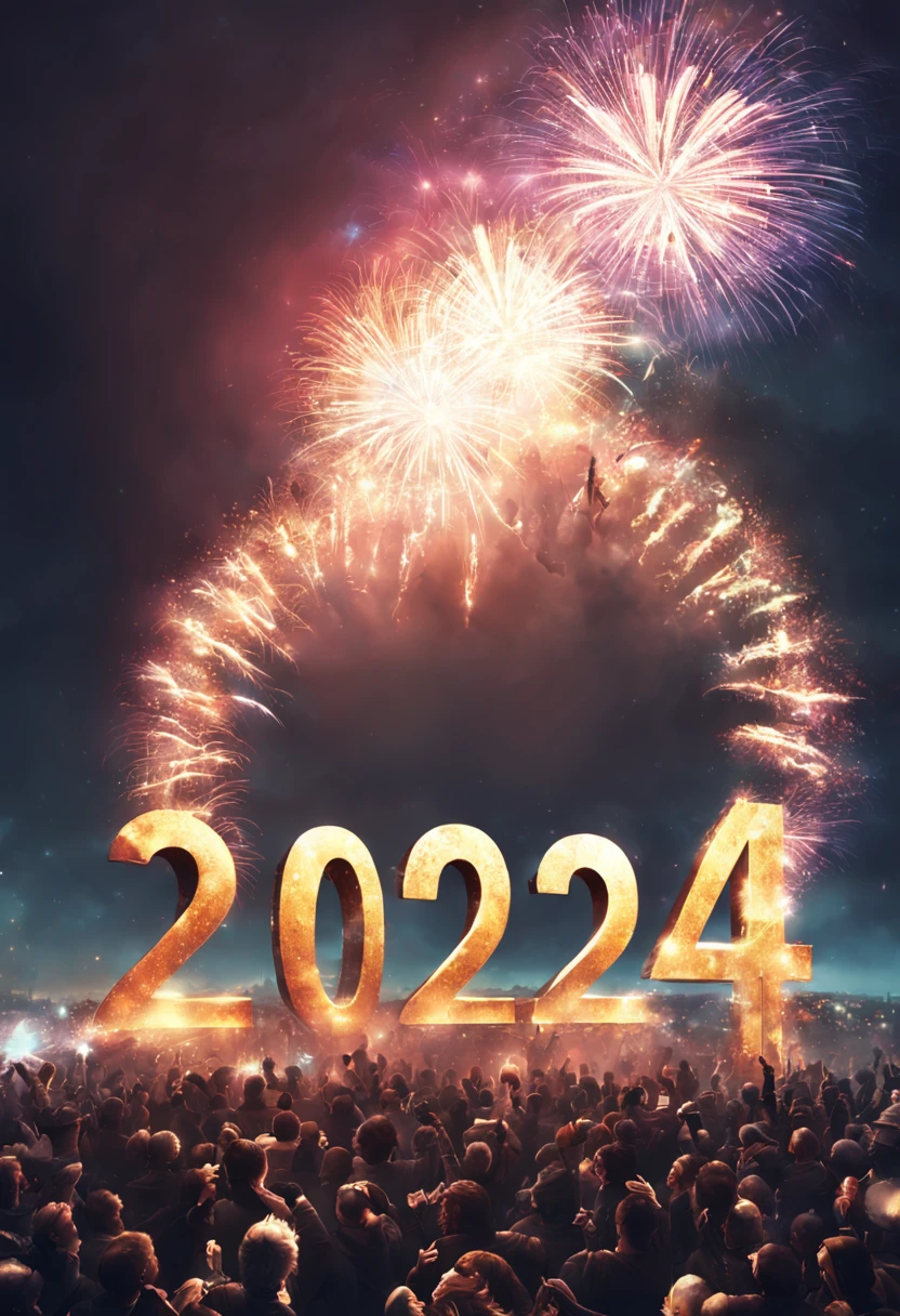 text:"2024" hyperdetailed shot of an imaginary fantasy shining text 2024 written in the clouds! new years eve party crowd! countdown! clock! Fireworks! luminescence, glowing particles, luminosity, 16k clean resolution, dramatic triadic lighting, Epic cinematic brilliant stunning intricate meticulously detailed dramatic_atmospheric_hypermaximalist by Ross_Tran, Loish, Hokusai, Andreas_Lie, Android_Jones