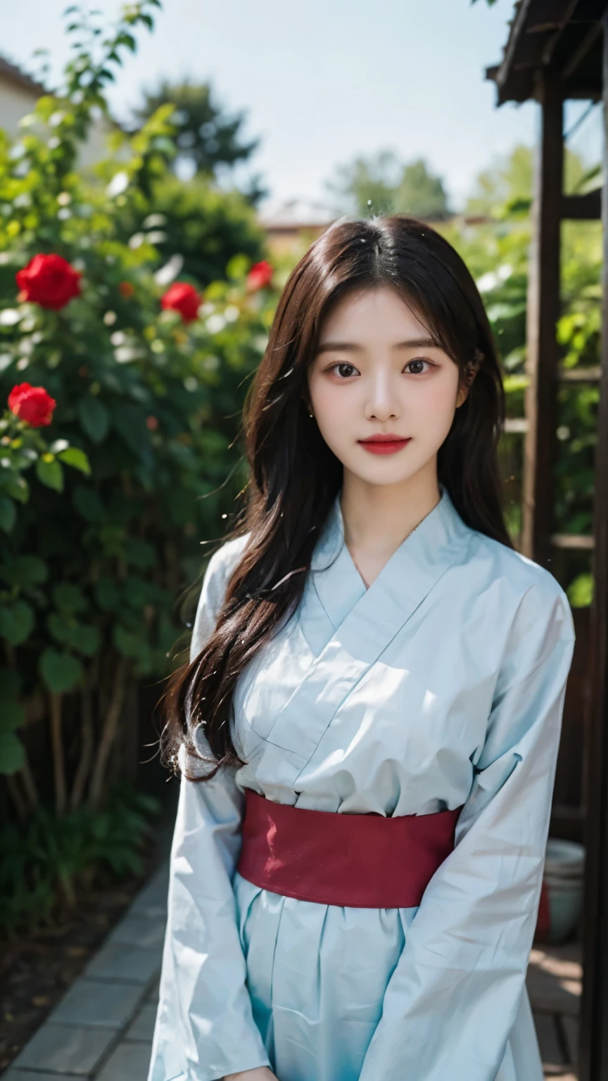 20 years old Korean woman, Happy Expression, Wavy long hair, Wearing a traditional Korean clothes Hanbok, Medium breast, Standing pose next to a rose, In the backyard, High Resolution, High Details, High Quality, Face detail, POV.