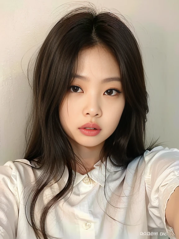 um close up de uma mulher com cabelos longos e uma camisa branca, jennie blackpink, com rosto redondo, Korean facial features, young lovely korean face, adorable and pale korean face, jennie, Menina coreana, Southeast Asian with round face, pale round face, belo rosto redondo,jennie kim, Mulher sul-coreana bonita