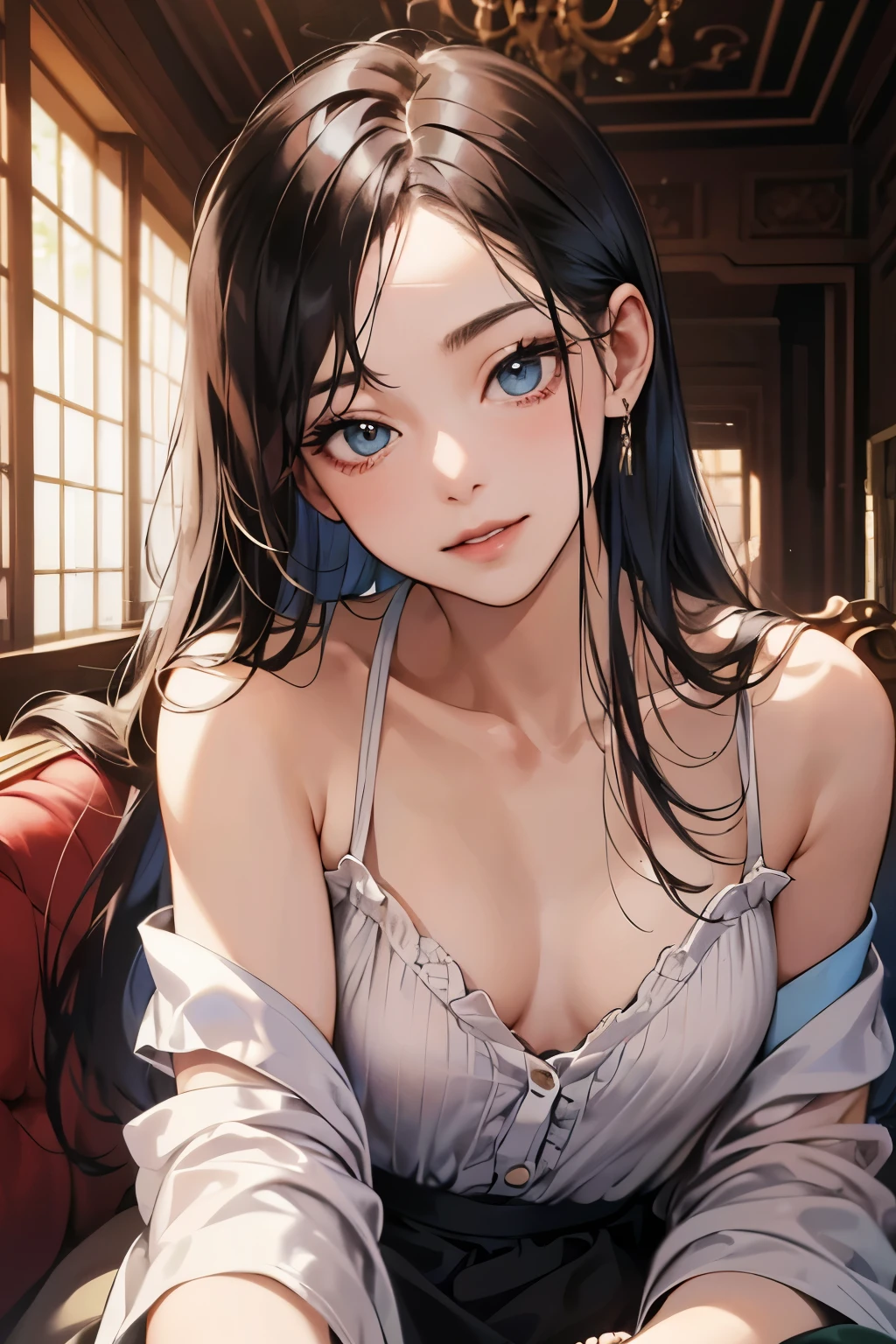 (muste piece, 4K, 8K,beautiful images, Sharp Image, photorealistic,perfect face, perfect lines, Perfect eyes, soft lighting) ,1 woman, (black hair、long straight hair,Bullish gaze,beautiful woman,elegance,Solid makeup,One piece figure、mature women,small breasts:1.3),スーツ姿のハンサムなmale性2人, (male,male性はスーツ姿,muscular,Firm shoulder width, maleの,boyish hairstyle,English gentlemanly style,クールな表情の成熟male性,明るい笑顔の成熟male性:1.2),smile showing white teeth(embarrassing,shy smile:1.1),(Nervous,embarrassed,sleepy,embarrassing:1.1),Antique sofa、Open your thin mouth,innocent smile,On a date,kiss、couple、couplekiss、Romance、At work、Antique furniture、sitting on the sofa、Couch sofa、delicate girl