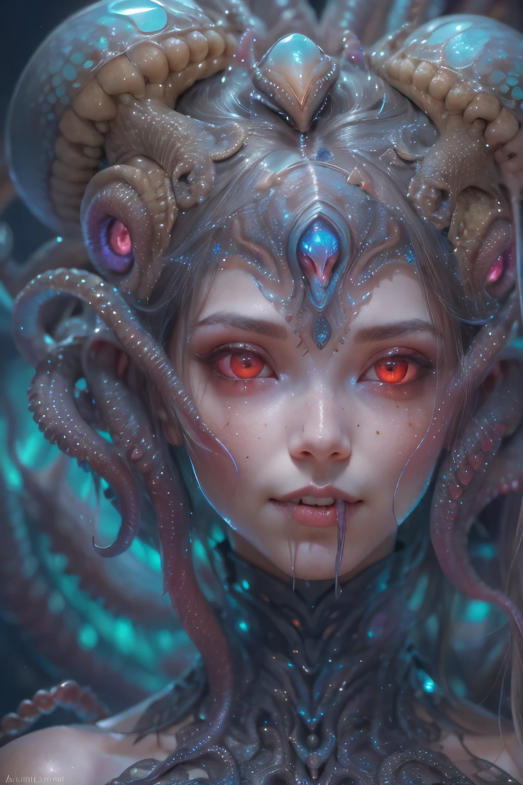 scary and sexy detailed art in color, Portrait, (beautiful and obscene female alien:1.4), (vulgarity1.5), (she has red eyes with no pupils:1.8), (Translucent skin:1.7), (There is a female genital-like organ in the middle of the forehead:1.9), (The most beautiful face in the history of the universe:1.2),an evil gaze that seduces, (large mouth:1.1), (sharp teeth like a vampire:1.2), Full body portrait, (bio luminescent:1.5), (Smile wickedly:1.3), (sexypose:1.5), alien, No humans, cells are fused, (Lots of translucent tentacles:1.3) extraterrestrial, cell, bio image, best quality, 8K,In 4K_quality, High freshness, Dramatic Lighting, masutepiece:1.5,cinematic quality, detail up, (exquisite details:1.2), high resolution, High freshness, drawing faithfully, (Thick eyebrows:1.2), Beautiful eyes with fine symmetry,(Highly detailed face and eyes:1.2), Intimate face, (Super detailed skin quality feeling:1.4), perfect anatomy, (Beautiful toned body:1.5), (Moist skin:1.2), not wearing makeup, (dark circles:1.1), long canines, cinematic drawing of characters, ultra high quality model, cinematic quality, detail up, (exquisite details:1.2), high resolution, High freshness, drawing faithfully, official art, Unity 8K Wall , 8K Portrait, best quality, Very high resolution, ultra detailed artistic photography, midnight aura, unreal engine 5, Ultra Sharp Focus, art by Amano Yoshitaka, ArtGerm, Roisch, intricate artwork, best quality, masterpiece, ultra high resolution, (photos realistic:1.4), ultra realistic realism, dream-like, nautilus, Creation of fantasy, Snail, Dream Snail, (biopunk nautilus:1.3),Thrilling color schemes, ultra realistic realism, seductively smiling, Blue tentacles,