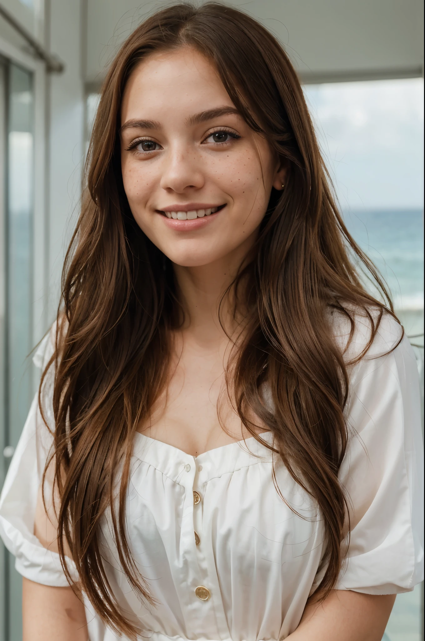 https://.seaart.ai/explore/detail/cm1k3gde878c73ci32n0 hyper realistic, freckles, beautiful brunette smiling, long hair, half body