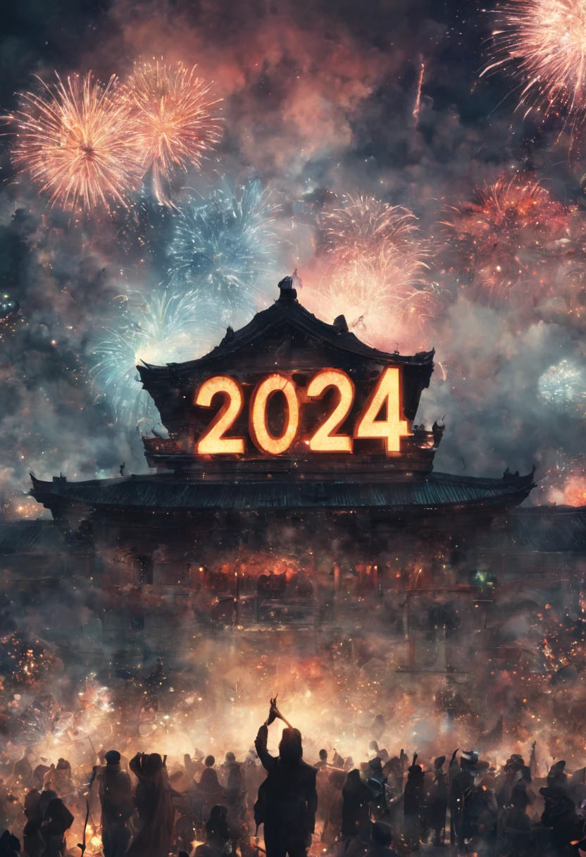 text:"2024" hyperdetailed shot of an imaginary fantasy shining text 2024 written in the clouds! new years eve party crowd! countdown! clock! Fireworks! luminescence, glowing particles, luminosity, 16k clean resolution, dramatic triadic lighting, Epic cinematic brilliant stunning intricate meticulously detailed dramatic_atmospheric_hypermaximalist by Ross_Tran, Loish, Hokusai, Andreas_Lie, Android_Jones