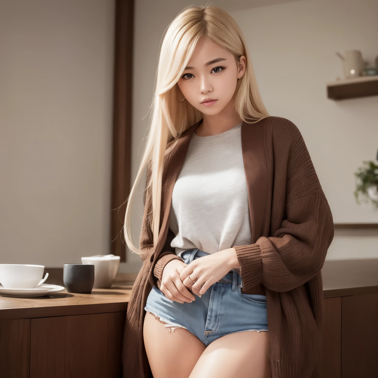 A girl, blonde, Korean, straight hair, long hair, beautiful face, brown eyes, casual wear ((masterpiece)), ((best quality)), ((realism)).