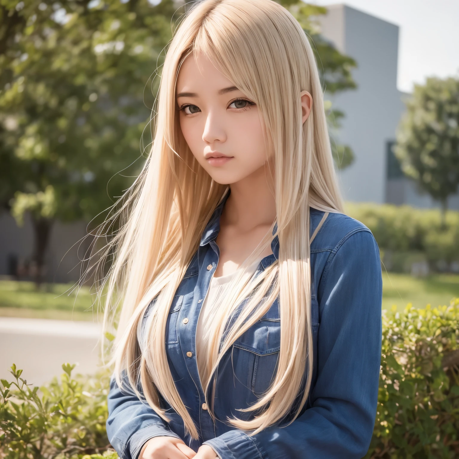 A girl, blonde, Korean, straight hair, long hair, beautiful face, brown eyes, casual wear ((masterpiece)), ((best quality)), ((realism)).