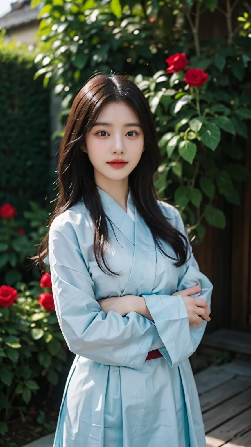 20 years old Korean woman, Happy Expression, Wavy long hair, Wearing a traditional Korean clothes Hanbok, Medium breast, Standing pose next to a rose, In the backyard, High Resolution, High Details, High Quality, Face detail, POV.