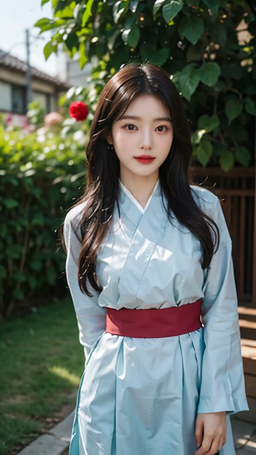 20 years old Korean woman, Happy Expression, Wavy long hair, Wearing a traditional Korean clothes Hanbok, Medium breast, Standing pose next to a rose, In the backyard, High Resolution, High Details, High Quality, Face detail, POV.