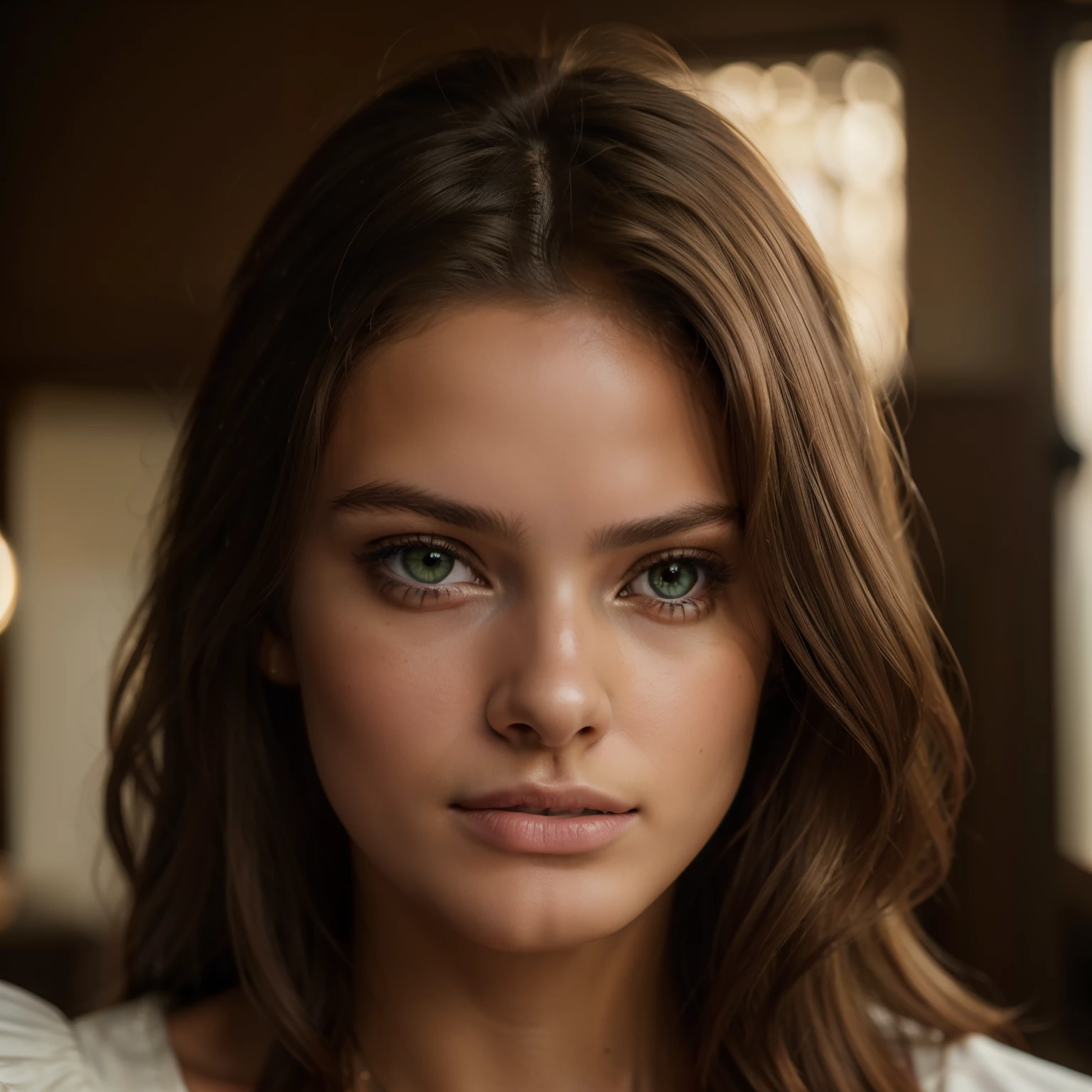portrait of the beautiful teenage european model, wavy brown hair with blonde highlights, deep green eyes, very tanned textured skin, puffed sleeved shirt, big moist lips slightly parted, seductive look, closeup portrait shot, (8k, RAW photo, best quality, masterpiece: 1.2), (realistic, photorealistic: 1.37), ultra detailed, (high detail skin: 1.2), 8k uhd, DSLR, soft lighting, high quality, film grain, Fujifilm XTrofessional lighting, very detailed, ultra sharp focus Sony FE 55mm f/1.8 ZA, Moviecam Compact MK2