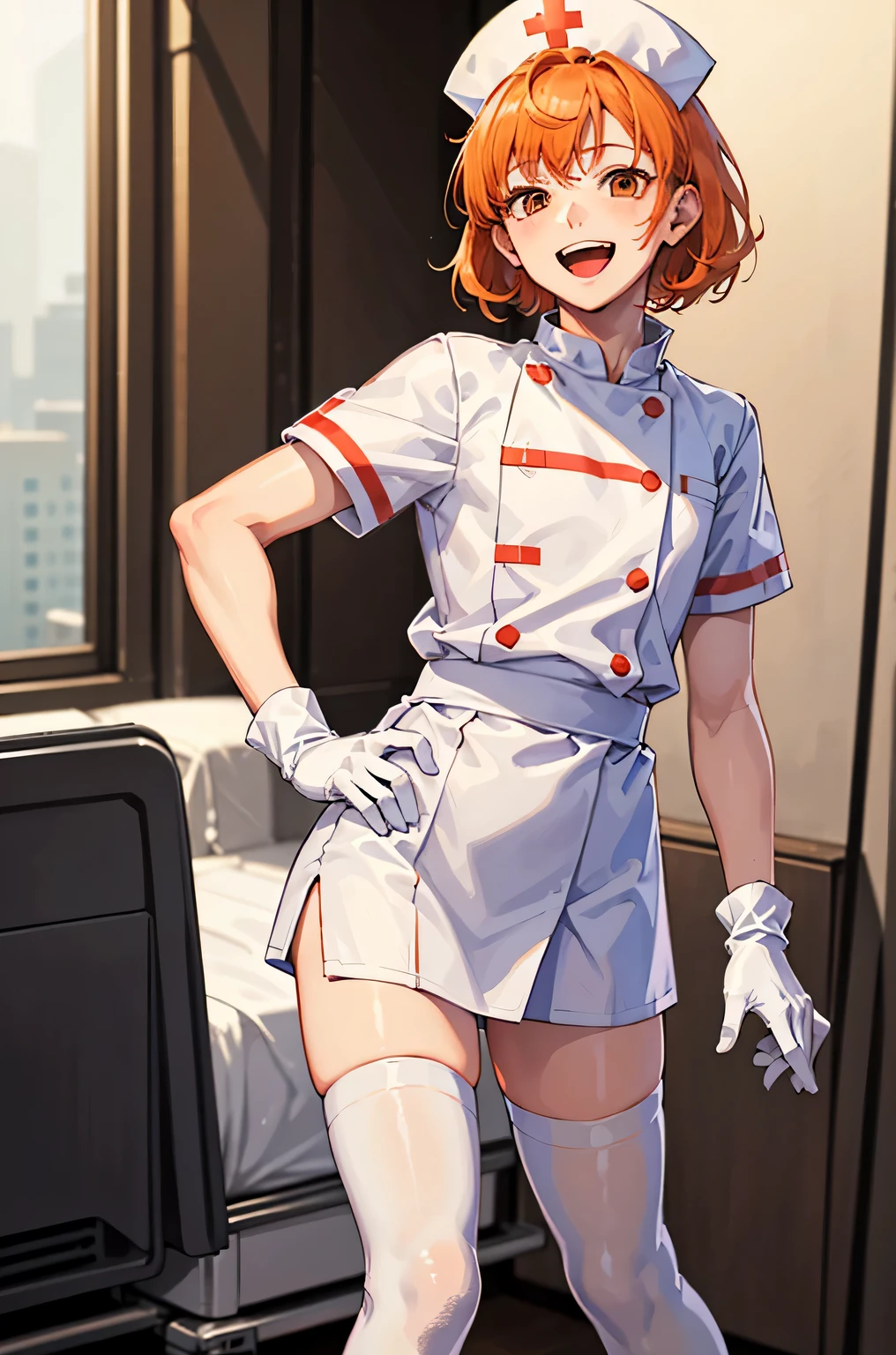 1boy, solo, male focus, nurse, nurse cap, white wear, ((white legwear, zettai ryouiki)), white gloves, short hair, orange hair, smile, open mouth, standing, ((hospital room)), sharp outline, short sleeves, shota, 12 years old, best quality, masterpiece