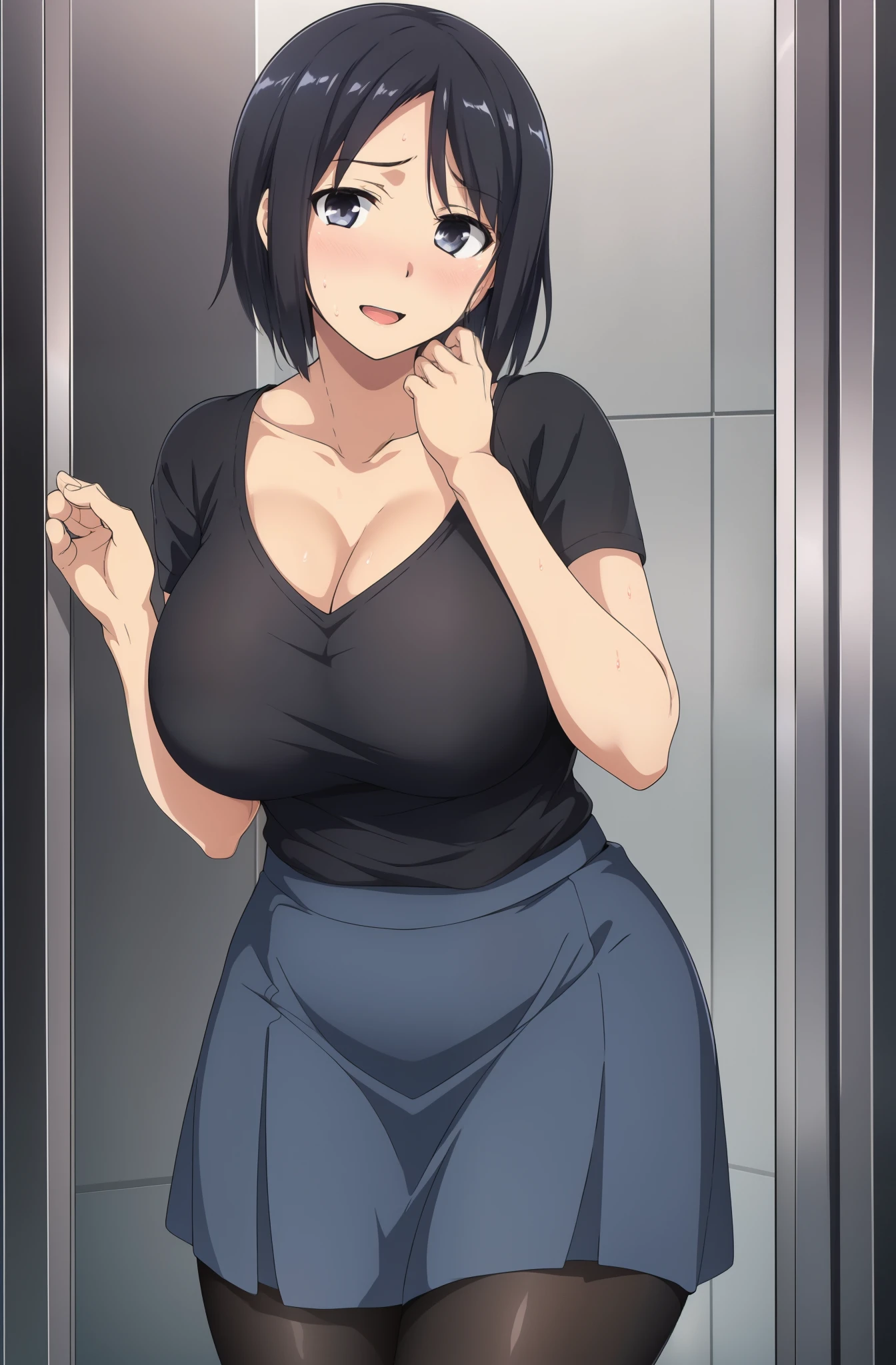 in a bathroom, 1girl, solo, looking at viewer, shameful expression, blush, happy, blushful, short hair, parted bangs, huge breasts, black shirt outside white shirt inside, loose shirt, pantyhose, black hair, collarbone, blue skirt, standing, sweatdrop, detailed black eyes, black shirt, opened mouth, curvy, sexy, official art, extremely detailed CG unity 8k wallpaper, Colorful, (masterpiece:1.0), (best_quality:1.0), ultra high res, 4K, ultra-detailed,
