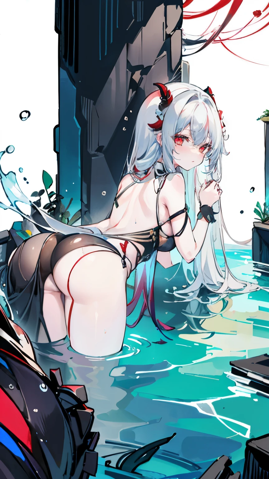 a girl，Sheep&#39;s horn, full color,  long white hair, Red眼睛 ，Eyeliner, immerse in water, black transparent clothes, Red, open air, Rose, night, ruins, Butterfly，back view，big asutt close-up，camel toe，bend over，soaking wet
