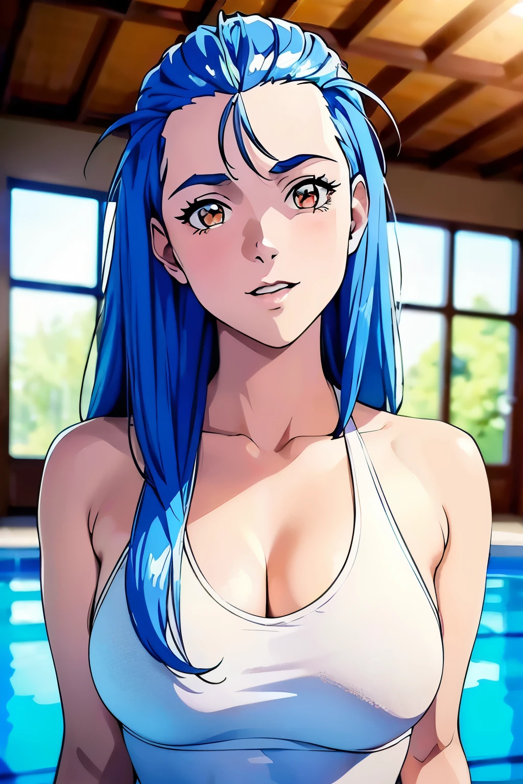 ((MinazukiKotoko)),((大peopleの女性が１people))),(((Beautiful blue hair))),((リアルなpeople々object image)),(Reality),((best quality)),(muste piece),(highest quality),((Highest image quality)),((highest resolution)),((fine details)),((beautiful detailed face)),((embarrassed look:blush)),(Beautiful detailed orange eyes),((looking at the camera)),(upward glance),beautiful detailed nose,(((open your mouth))),((beautiful white skin)),((Wearing a competitive swimming suit)),(precise arms),((big breasts)),((Accurate and beautiful upper body)),(((Photographed mainly on the face and chest))),((indoor:competition pool:detailed background)),