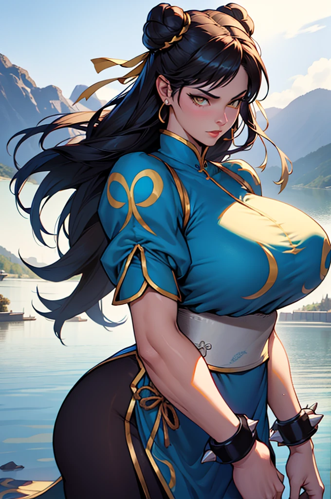 chun li , 1 girl, black hair, yellow eyes, very long hair, pale skin, curvy, (extremely muscular), perky breasts, frozen lake, belo rosto detalhado, belos olhos, belas coxas, coxas lindas
olhos de gato amarelo