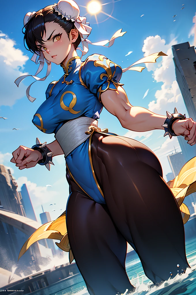 chun li , 1 girl, black hair, yellow eyes, very long hair, pale skin, curvy, (extremely muscular), perky breasts, frozen lake, belo rosto detalhado, belos olhos, belas coxas, coxas lindas
olhos de gato amarelo