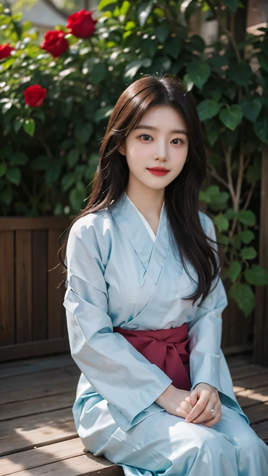 20 years old Korean woman, Happy Expression, Wavy long hair, Wearing a traditional Korean clothes Hanbok, Medium breast, Sitting pose next to a rose, In the backyard, High Resolution, High Details, High Quality, Face detail, POV.