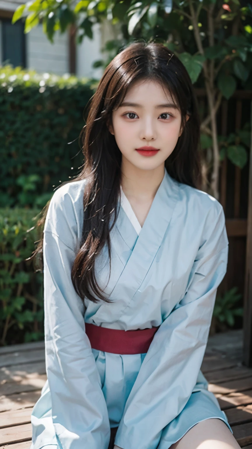 20 years old Korean woman, Happy Expression, Wavy long hair, Wearing a traditional Korean clothes Hanbok, Medium breast, Sitting pose next to a rose, In the backyard, High Resolution, High Details, High Quality, Face detail, POV.