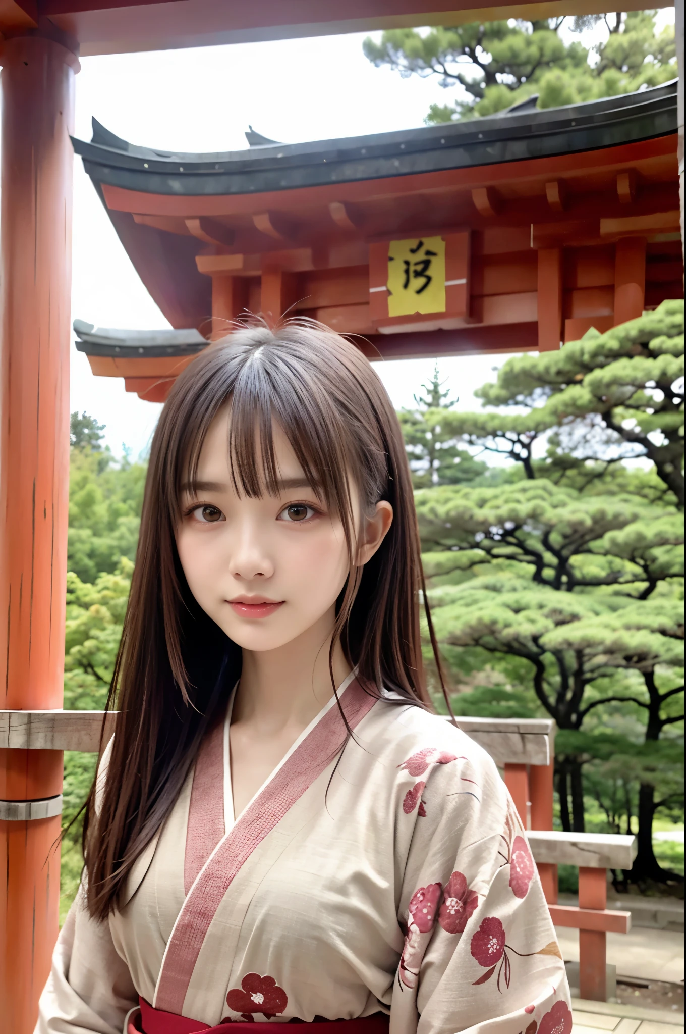 1 beautiful young girl, Super beautiful detailed face, smile shyly, (Slender body:1.2), (Japan kimono with colorful pattern:1.3), dark brown hair, bun hair, (Fine face:1.2), conceptual art, High quality, Realistic, extremely detailed CG unified 8k wallpaper, highly detailed, High-definition raw color photos, professional photography, Realistic portrait, Cinematic Light, Beautiful detailed, Super Detail, high details, depth of fields, illumination, ((the temple red torii gate))