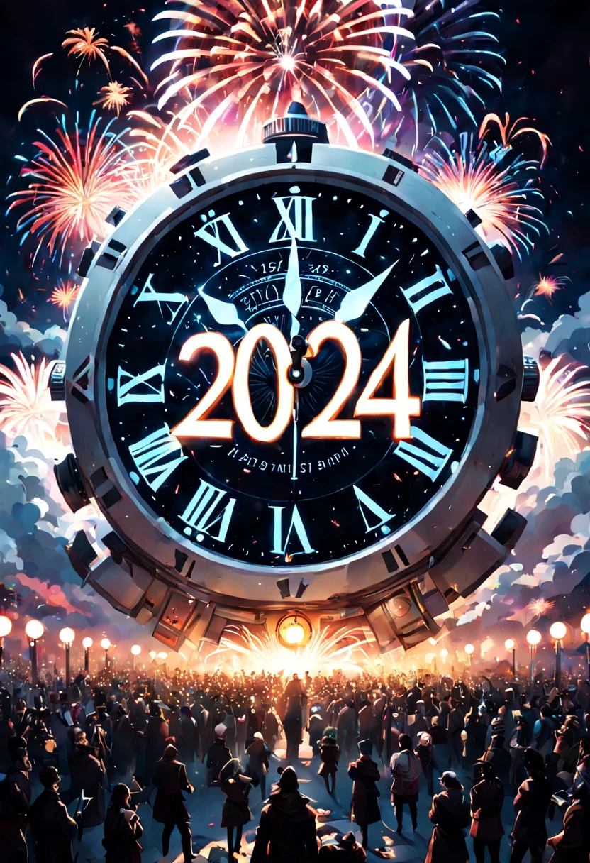 text:"2024" hyperdetailed shot of an imaginary fantasy shining text 2024 written in the clouds! new years eve party crowd! countdown! clock! Fireworks! luminescence, glowing particles, luminosity, 16k clean resolution, dramatic triadic lighting, Epic cinematic brilliant stunning intricate meticulously detailed dramatic_atmospheric_hypermaximalist by Ross_Tran, Loish, Hokusai, Andreas_Lie, Android_Jones
