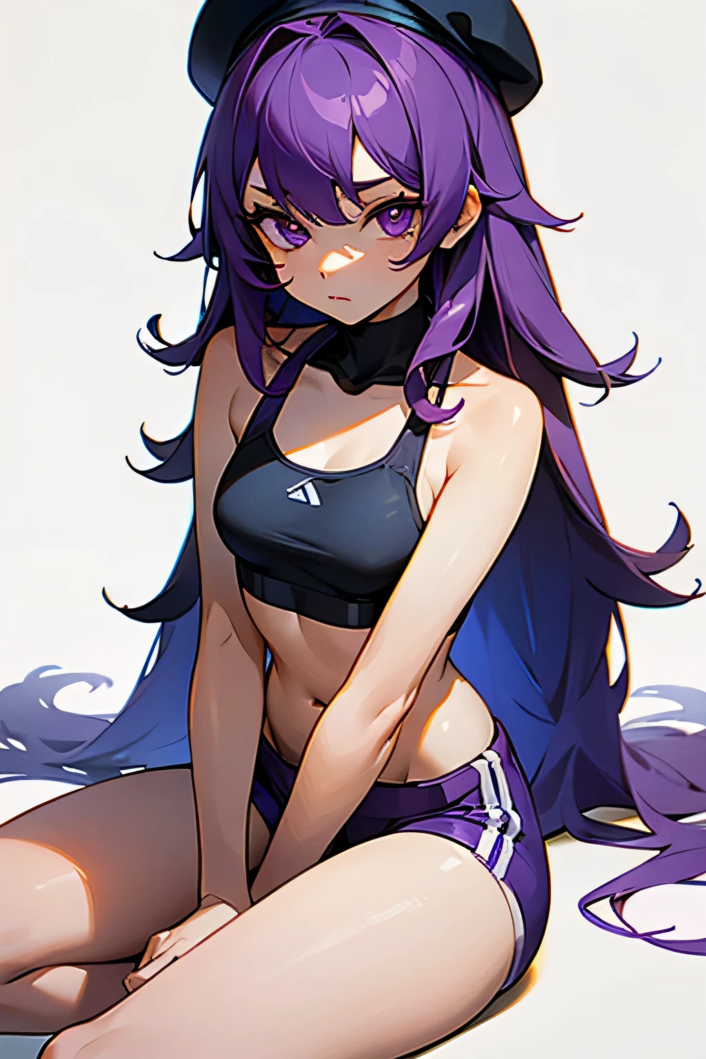 masterpiece, best quality, 1girl, 2boy, raiden shogun, long hair, purple hair, purple eyes, medium breasts, braided ponytail, hair ornament, blunt bangs, flowers, mole, mole under eye, sweat, wet, gym top, gym shorts, gym background, inside gym, daylight, sex, clothes on, intimate position, no pants, moaning,