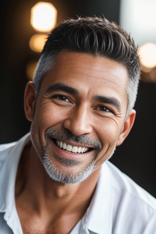 in 8K、top-quality、ultra-detailliert、​masterpiece、realisitic、Photo Real、Handsome man in his 40s、Portrait Shot、Impressive white teeth with a smile、Balinese male