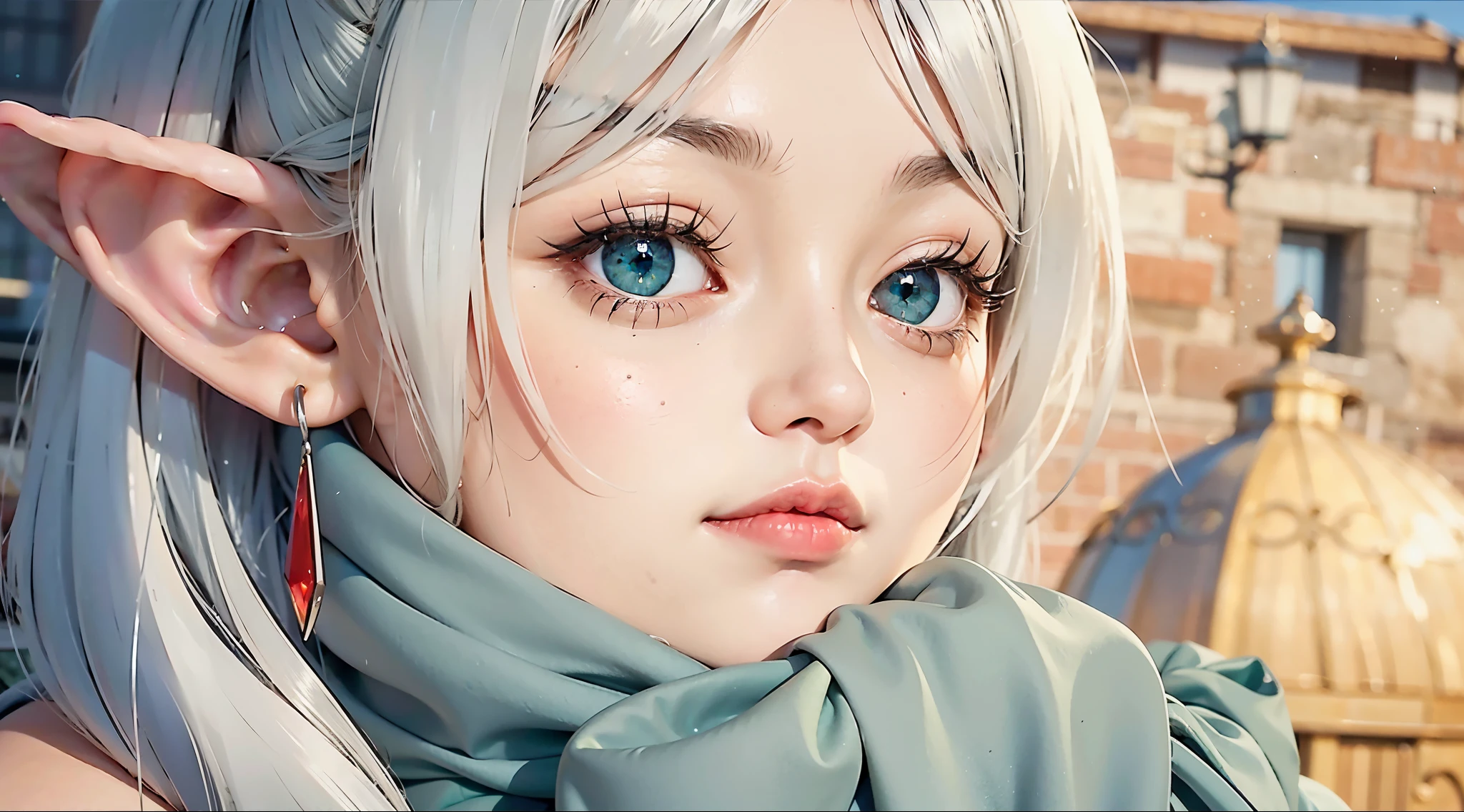 deep green eyes:1.5、green eyes、silver eyebrows:1.3、small eyes:1.2、highelf:1.2、elf ears、Beautiful ears、beautiful eyes、Silver hair:1.2、short eyebrows、twin tails、Blue muffler、red earrings、Illuminated by the morning sun、detailed hair、expression of surprise、23 years old、female:1.2、movie writing、(best quality, 8K, 32K, muste piece, ticker:1.2)