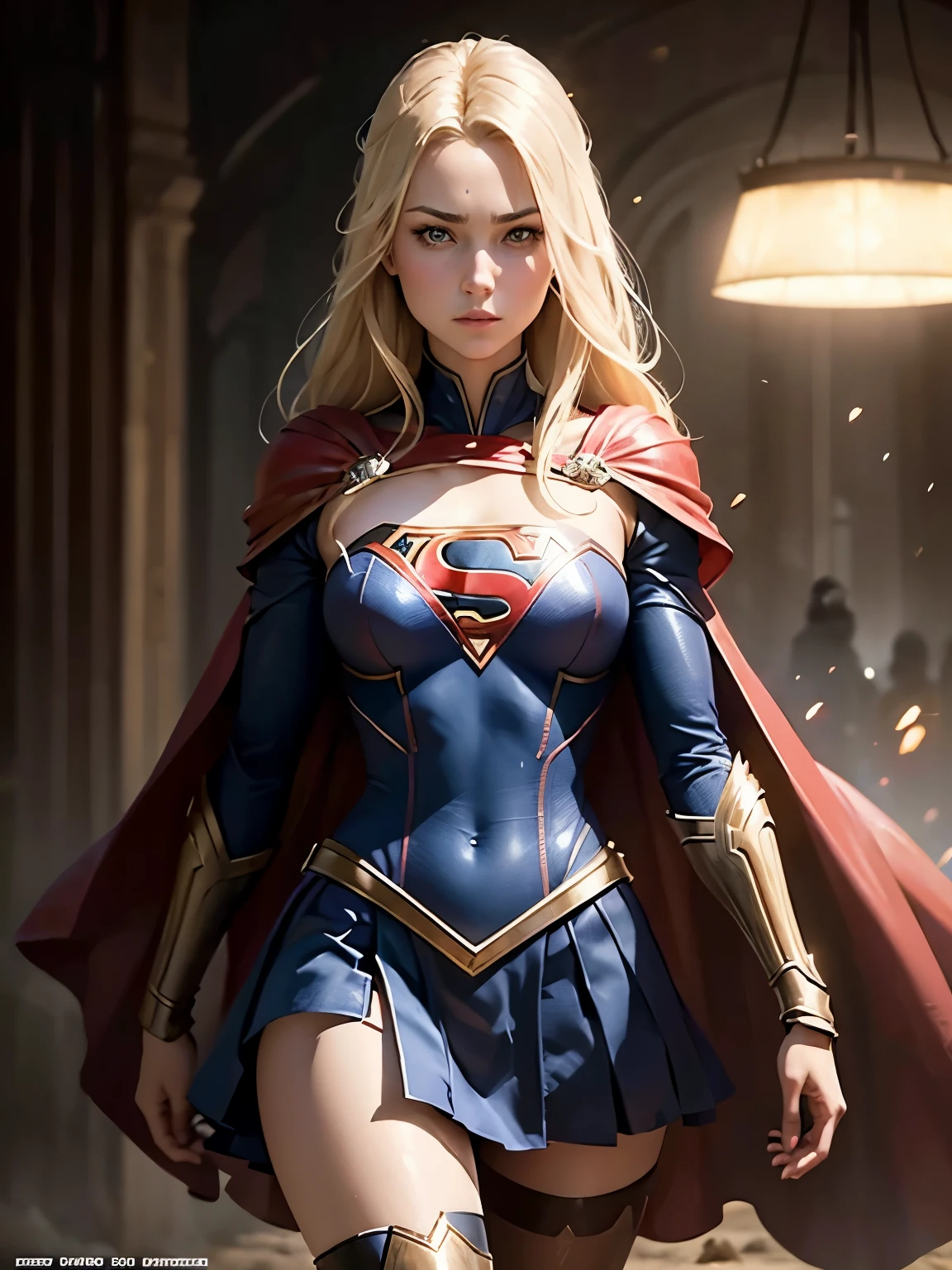 a prostituée se faisant passer pour une supergirl, cheveux longs, blond sale, yeux bleus, nu, jambes nues, photo shoot, instagram pose, corps entier, Club de strip-tease, Supergirl fait office de strip-teaseuse, complexe, allongé dans un lit défait, highly detailed, digital painting, ArtStation, Art conceptuel, lisse, mise au point nette, illustration, Illustration de Wlop, Charlie Bowater et Alexandra Fomina