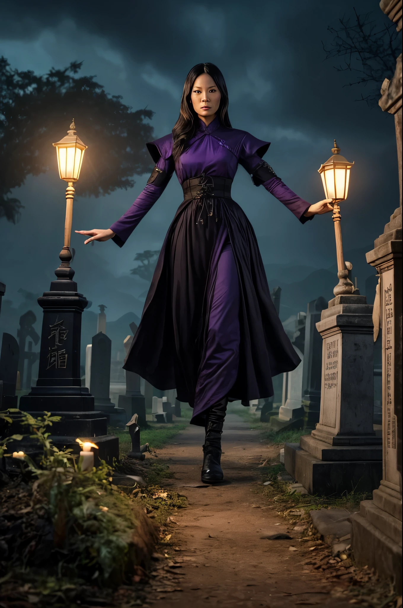 lucy liu (aged 20) is a necromancer channeling dark magic, dressed in black and purple dress in a feudal asian cemetery at night. she is hateful, dark energy arcs rom her like lightning, the undead follow her obeying her commands, show all of her, full body shot