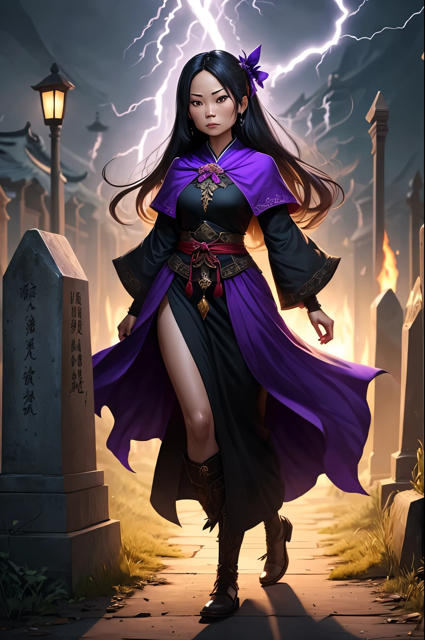 lucy liu (aged 20) is a necromancer channeling dark magic, dressed in black and purple dress in a feudal asian cemetery at night. she is hateful, dark energy arcs rom her like lightning, the undead follow her obeying her commands, show all of her, full body shot