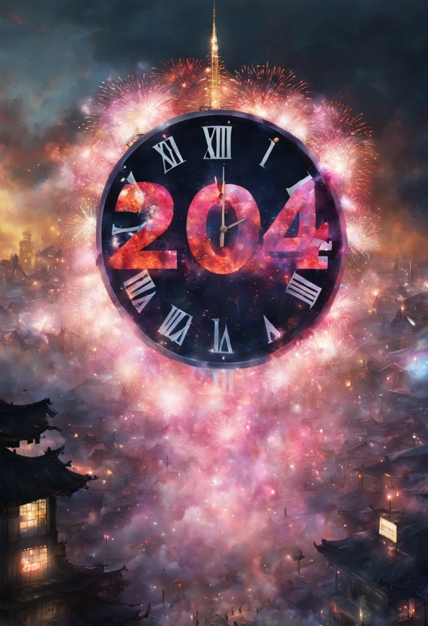 text:"2024" hyperdetailed shot of an imaginary fantasy shining text 2024 written in the clouds! new years eve party crowd! countdown! clock! Fireworks! luminescence, glowing particles, luminosity, 16k clean resolution, dramatic triadic lighting, Epic cinematic brilliant stunning intricate meticulously detailed dramatic_atmospheric_hypermaximalist by Ross_Tran, Loish, Hokusai, Andreas_Lie, Android_Jones