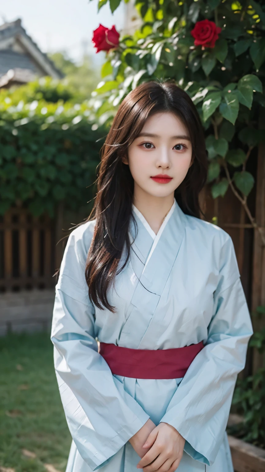 20 years old Korean woman, Happy Expression, Wavy long hair, Wearing a traditional Korean clothes Hanbok, Medium breast, Standing pose next to a rose, In the backyard, High Resolution, High Details, High Quality, Face detail, POV.