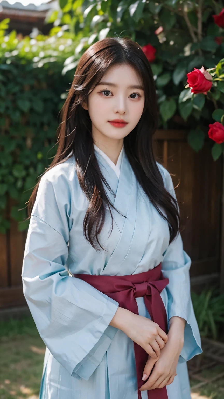 20 years old Korean woman, Happy Expression, Wavy long hair, Wearing a traditional Korean clothes Hanbok, Medium breast, Standing pose next to a rose, In the backyard, High Resolution, High Details, High Quality, Face detail, POV.