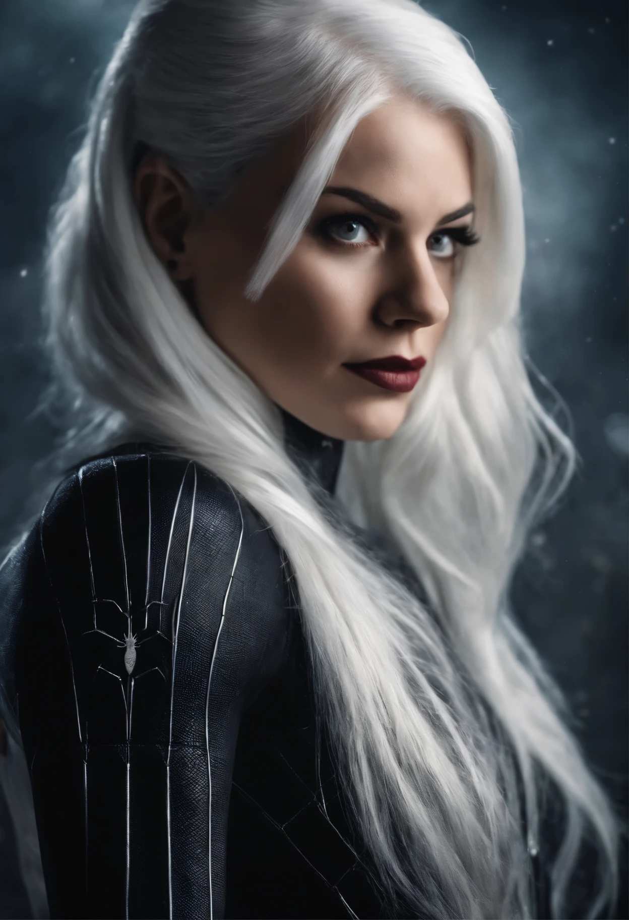 1girl white hair, wearing a black latex suit with spider man looking at viewer, upper body, facing viewer,
