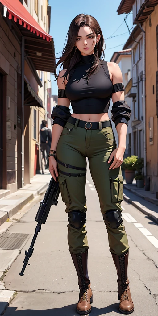 hermosa mujer soldado razgos de medio oriente cabello negro muy corto estilo militar, ojos cafe, brazos muy hypertrofiados, manos roboticas y cuerpo muscular, hombros al descubierto, tank top apretado color grisaseo gran escote, pantalones militares camuflaje color grisaceo, cinturon con municion, lleva un rifle de francotirador estilo sovietico, botas militares largas negras, fondo de la imagen, ciudad de medio oriente en llamas, ultra realistic, ultra detailed, ultra detailed, hyperrealistic, 4k, ultra detailed image, realistic, highly detailed, perfect composition, beautiful detailed intricate insanely detailed, 8k artistic photography, hyper detailed, Masterpiece
peliroja