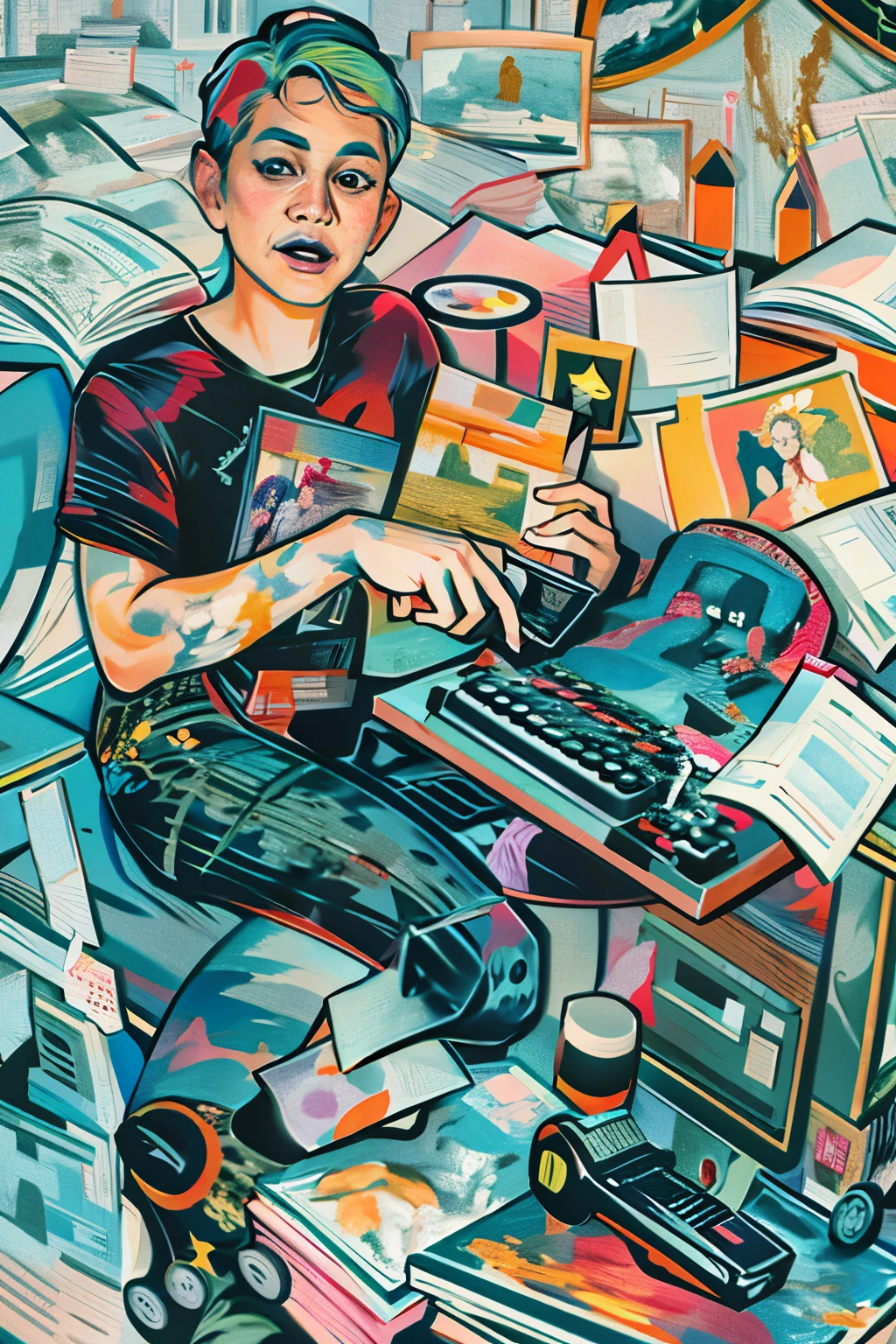 painting of a man sitting at a desk with a typewriter, josan gonzales, by Helen Berman, inspired by Larry Rivers, laurie greasley and james jean, by Meredith Dillman, msxotto, in gouache detailed paintings, portrait of a starving ai artist, molly from neuromancer, inspired by F Scott Hess, inspired by Howard Kanovitz