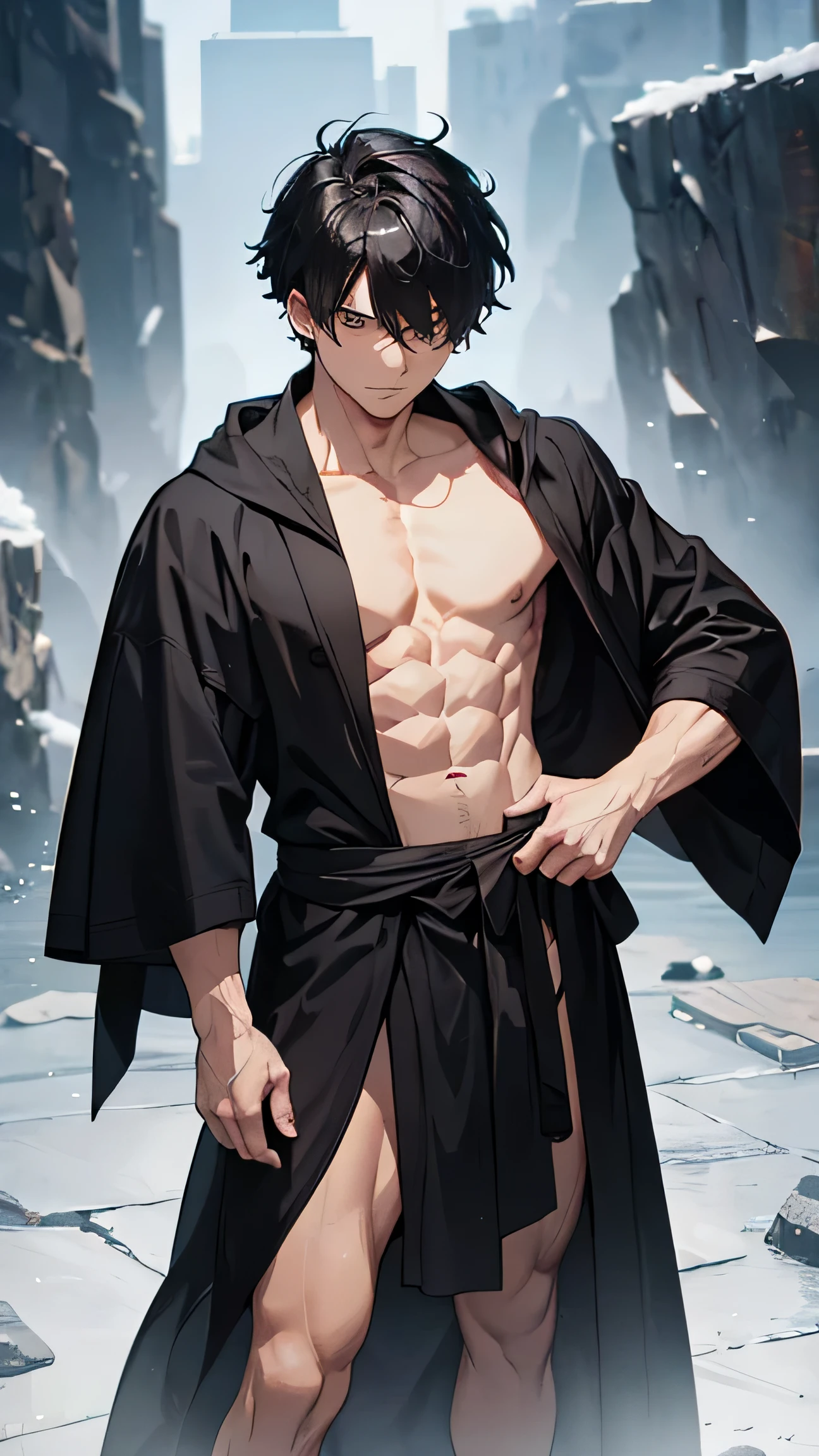 22 year old muscular guy,in a black robe, black short hair with a comb on both sides, destroys stones