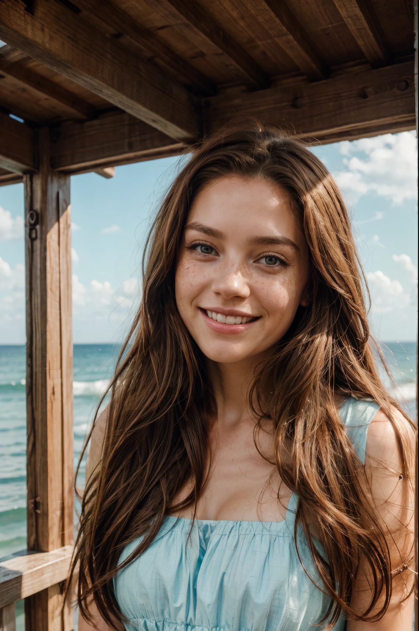 https://.seaart.ai/explore/detail/cm1k3gde878c73ci32n0 hyper realistic, freckles, beautiful brunette smiling, long hair, half body