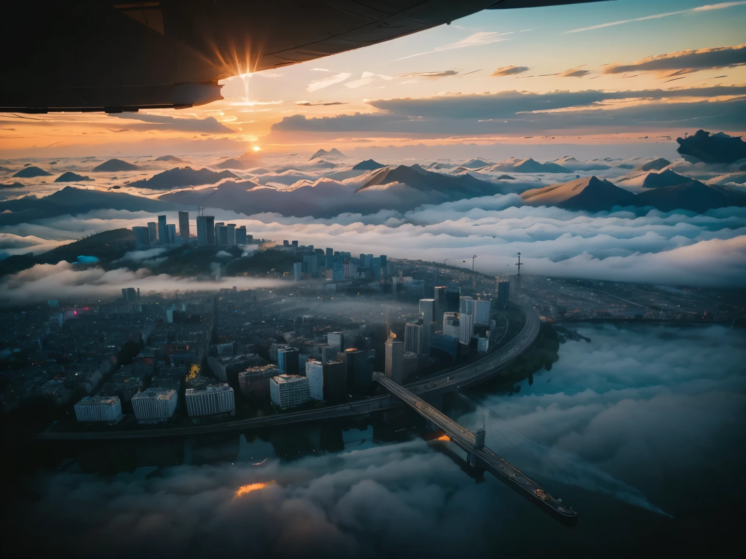 City, bird view, future, neon, fog, sunrise time, high details
