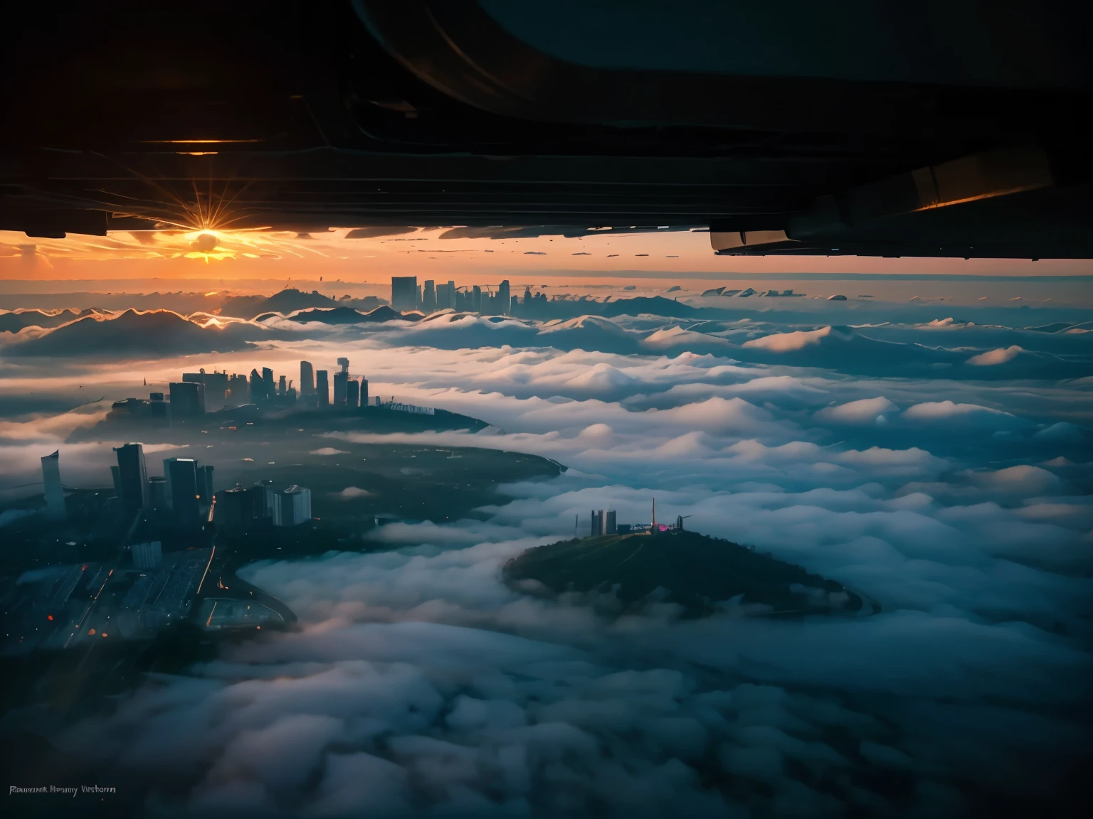 City, bird view, future, neon, fog, sunrise time, high details