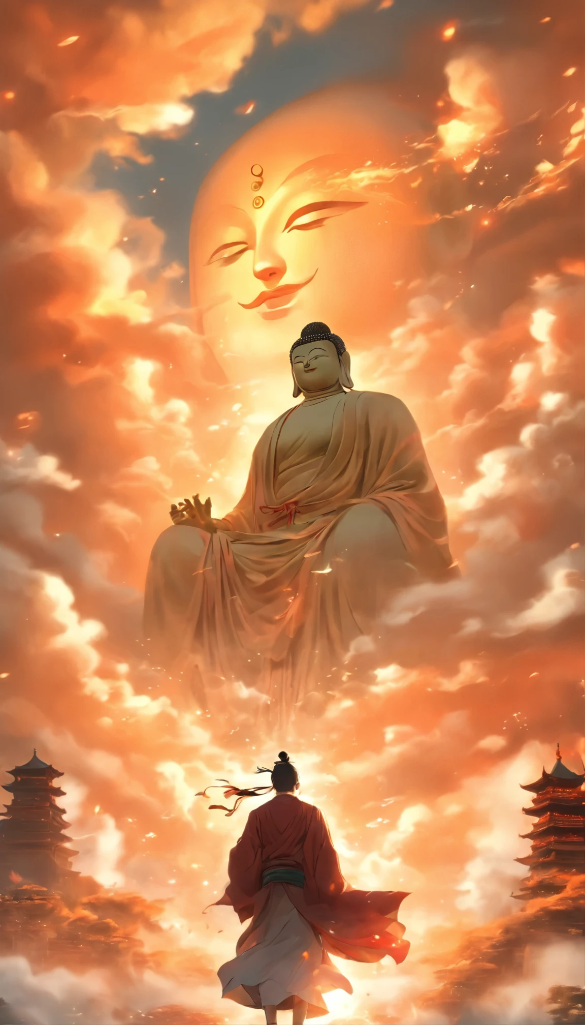 ((masutepiece))，(Best Quality))，china style，In the sky, Clouds form a huge Maitreya Buddha image，Staring at the Earth，Standing Buddha，with light glowing，glow effect，Pilgrims on the road，Hyper-realistic，Ultra photo realsisim，Real Photographics，8K，High Definition，high quarity，Works of masters，super-fine，Chinese black and white ink style，（（（white colors））），decolorization，Smudge，inky，8K，super-fine，high quarity，（（（OC Renderer）））