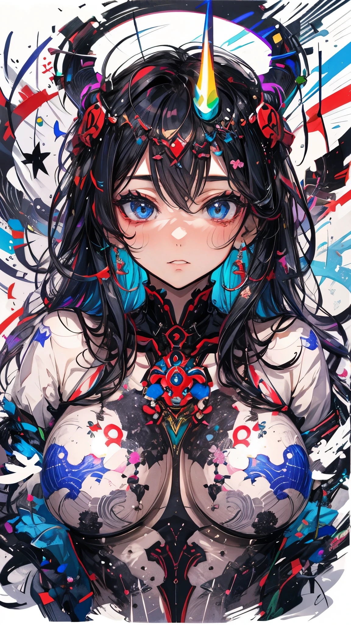 (masterpiece, top quality, best quality, official art, beautiful and aesthetic:1.2), Extreme detailed,Sexy Demon, 1 girl, nipples,large breasts,detailed partly shown breast kimono, (2 small oni horns:1.6), flames around, glowing body, , Colorful, Highest detailed, Cold light, tatoos
