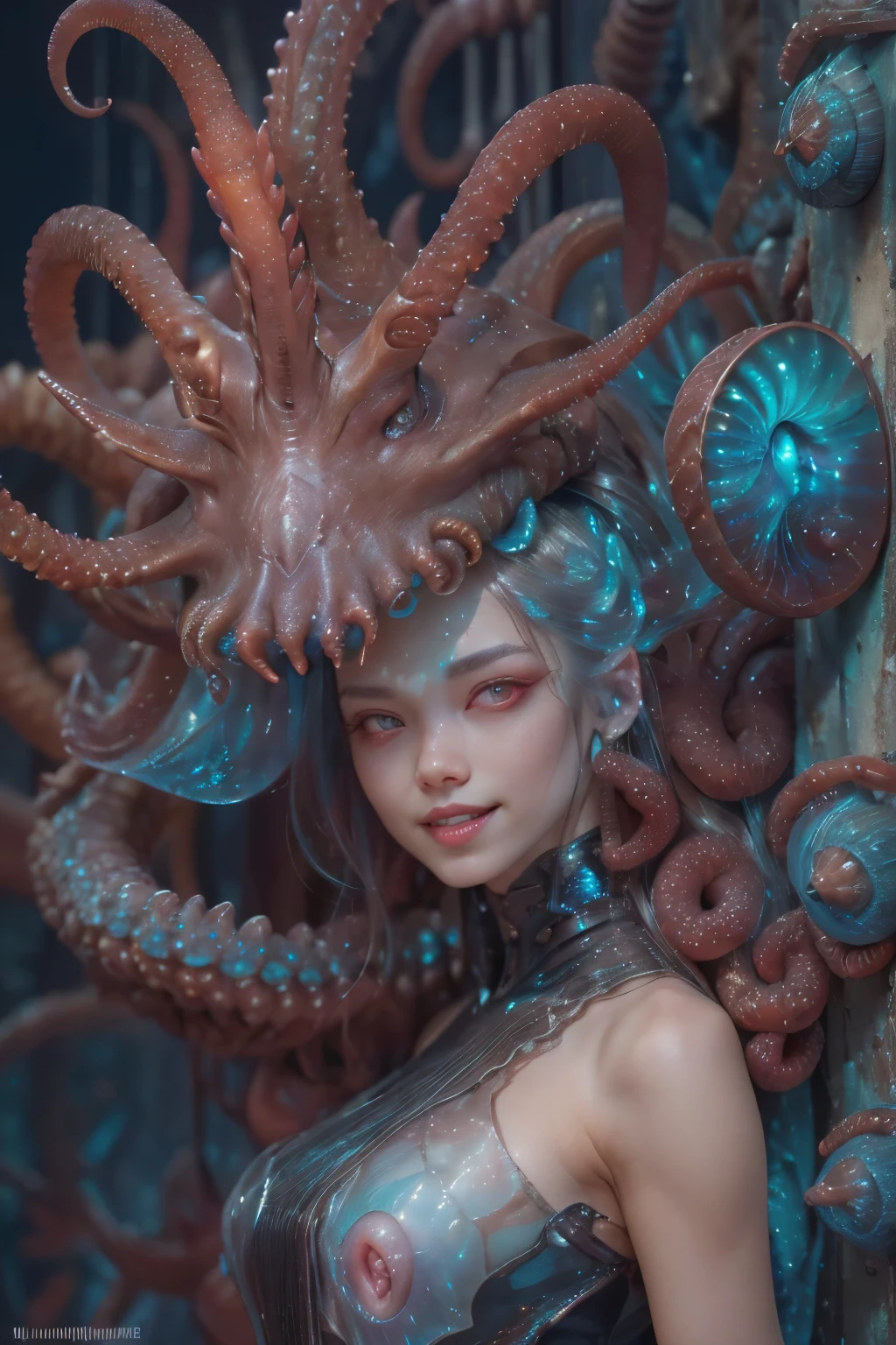 scary and sexy detailed art in color, Portrait, (beautiful and obscene female alien:1.4), (vulgarity1.5), (she has red eyes with no pupils:1.8), (Translucent skin:1.7), (There is a female genital-like organ in the middle of the forehead:1.9), (The most beautiful face in the history of the universe:1.2),an evil gaze that seduces, (large mouth:1.1), (sharp teeth like a vampire:1.2), Full body portrait, (bio luminescent:1.5), (Smile wickedly:1.3), (sexypose:1.5), alien, No humans, cells are fused, (Lots of translucent tentacles:1.3) extraterrestrial, cell, bio image, best quality, 8K,In 4K_quality, High freshness, Dramatic Lighting, masutepiece:1.5,cinematic quality, detail up, (exquisite details:1.2), high resolution, High freshness, drawing faithfully, (Thick eyebrows:1.2), Beautiful eyes with fine symmetry,(Highly detailed face and eyes:1.2), Intimate face, (Super detailed skin quality feeling:1.4), perfect anatomy, (Beautiful toned body:1.5), (Moist skin:1.2), not wearing makeup, (dark circles:1.1), long canines, cinematic drawing of characters, ultra high quality model, cinematic quality, detail up, (exquisite details:1.2), high resolution, High freshness, drawing faithfully, official art, Unity 8K Wall , 8K Portrait, best quality, Very high resolution, ultra detailed artistic photography, midnight aura, unreal engine 5, Ultra Sharp Focus, art by Amano Yoshitaka, ArtGerm, Roisch, intricate artwork, best quality, masterpiece, ultra high resolution, (photos realistic:1.4), ultra realistic realism, dream-like, nautilus, Creation of fantasy, Snail, Dream Snail, (biopunk nautilus:1.3),Thrilling color schemes, ultra realistic realism, seductively smiling, Blue tentacles,