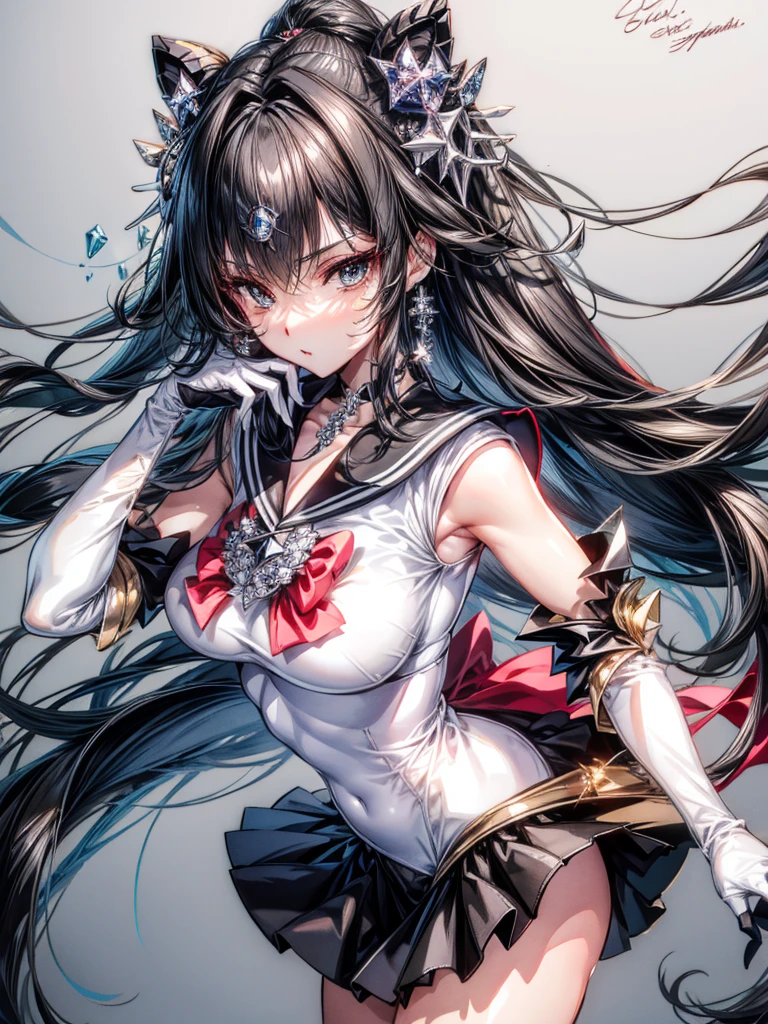 (8K, highest quality, master piece:1.2),\(fine eyes\),\(facial features\),(\(Detailed details of clothes\)\),(huge title body esbian, super skirt,Sailor Moon costume,(face focus) ,Highly detailed CG Unity 8k wallpaper,huge file size,super detailed,High resolution,absurd,beautiful eyes,ray tracing,dramatic shadow,down to the last detail,dramatic angle,hyper detail,(alone),anime style、very long straight hair、black hair、black sailor collar、Black Absolute Short Mini Scarbow Gloves、(crystal on background:1.6)
