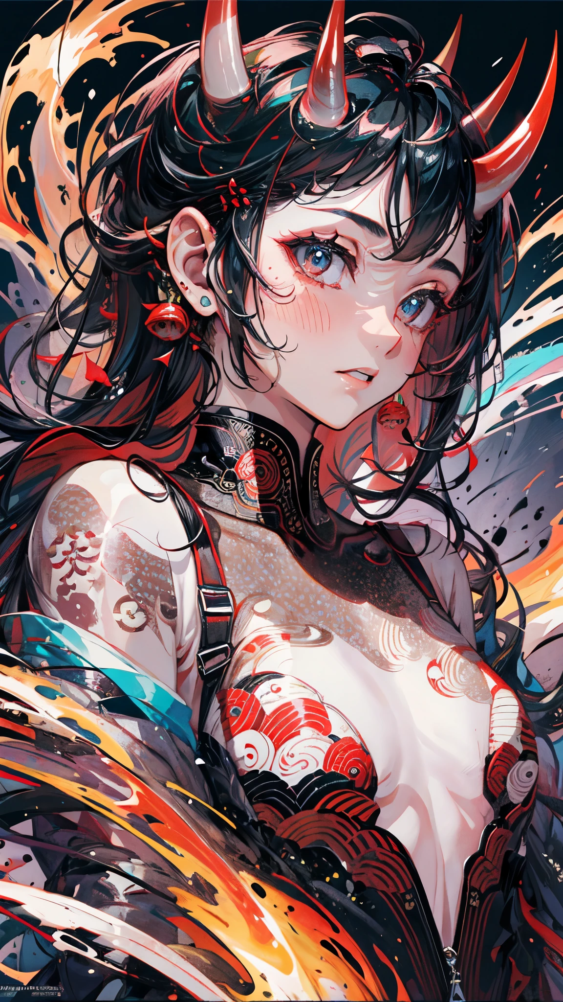 (masterpiece, top quality, best quality, official art, beautiful and aesthetic:1.2), mature body,medium breast,Extreme detailed,Sexy Demon,1 girl, wearing kimono, (2 small oni horns:1.6), flames around, glowing body, Colorful, Highest detailed, Cold light, tatoos