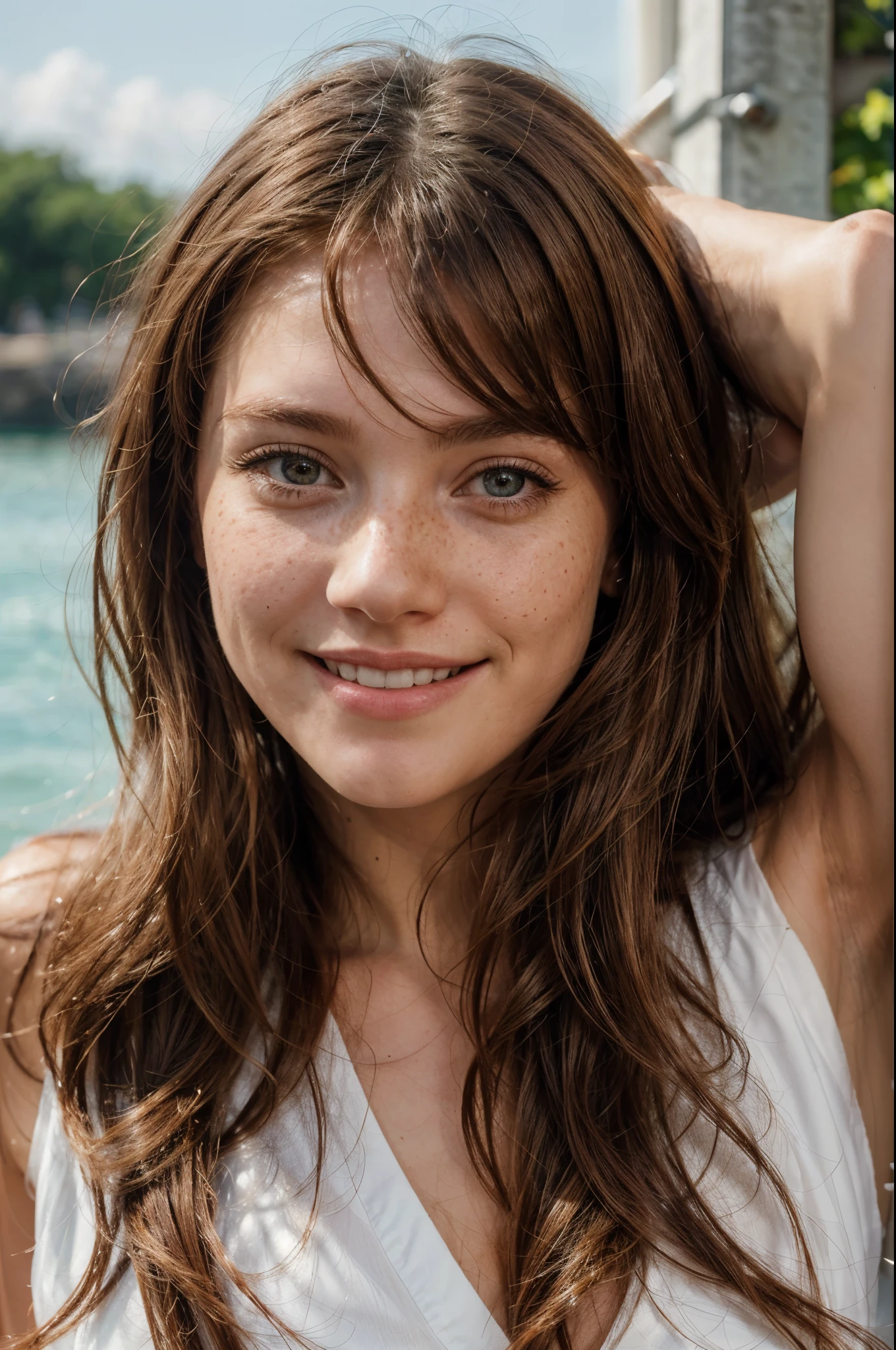 https://.seaart.ai/explore/detail/cm1k3gde878c73ci32n0 hyper realistic, freckles, beautiful brunette smiling, long hair, half body