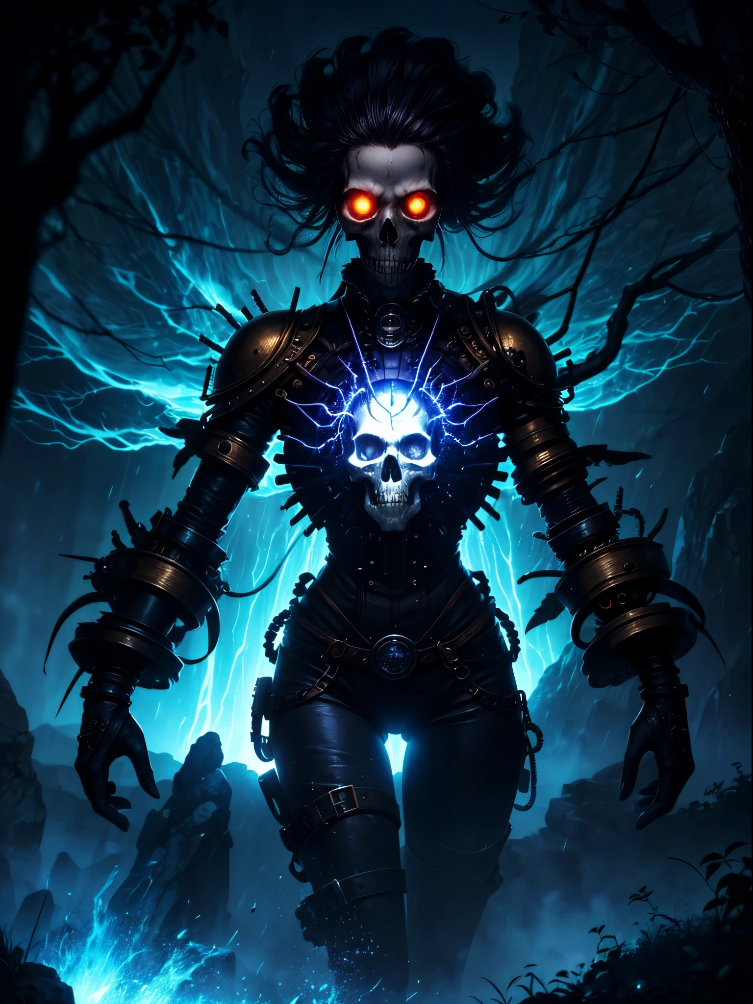 (Best picture quality, 4K, 8K, High resolution, Masterpiece: 1.2), ultra detailed, realistic: 1.37, a close-up of the head of a metal skull, an altar composed of abstract twisted roots pulling a very large (mysterious skull made of metal), glowing eyes, a spooky waterfall above the skull, (rainbow, rainbow around the skull), full of energy, circular composition illustrates the effects of various structural forces, alone, (steampunk decorative elements, gear, and other elements). Pointers, chainantastic decorative combinations,