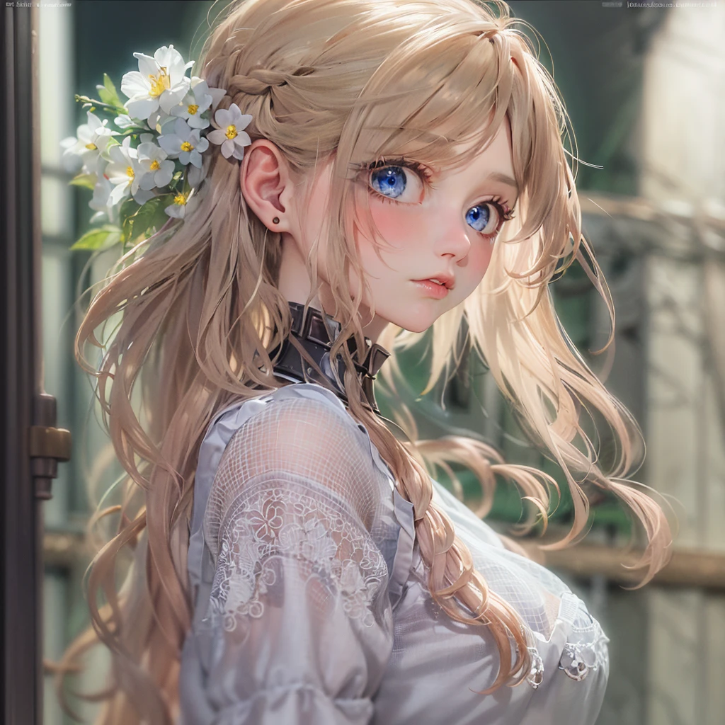 masterpiece, best quality,dutch angle,realistic, super detailed, ultra detailed, extreme detailed, extremely detailed, ultimate detailed, hyper detailed, beautiful eyes, beautiful hair, beautiful face, beautiful skin,full body, slim abs ,shiny skin ,ultra-detailed face, detailed eyes, lustrous lips,nsfw(1girl, solo),18 years old,(small body,small breast)amelia watson,blonde hair, blue eyes, choker, short hair, realistic eyes,wet clothes,translucent,transparent,dripping,negligee,garter belt,socks,embarrassed,standing, BREAK holding flower,pison,Prison,gaol,underground,dark,
