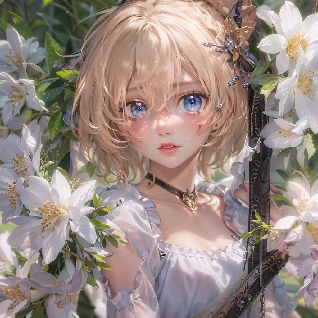 masterpiece, best quality,dutch angle,realistic, super detailed, ultra detailed, extreme detailed, extremely detailed, ultimate detailed, hyper detailed, beautiful eyes, beautiful hair, beautiful face, beautiful skin,full body, slim abs ,shiny skin ,ultra-detailed face, detailed eyes, lustrous lips,nsfw(1girl, solo),18 years old,(small body,small breast)amelia watson,blonde hair, blue eyes, choker, short hair, realistic eyes,wet clothes,translucent,transparent,dripping,negligee,garter belt,socks,embarrassed,standing, BREAK holding flower,pison,Prison,gaol,underground,dark,