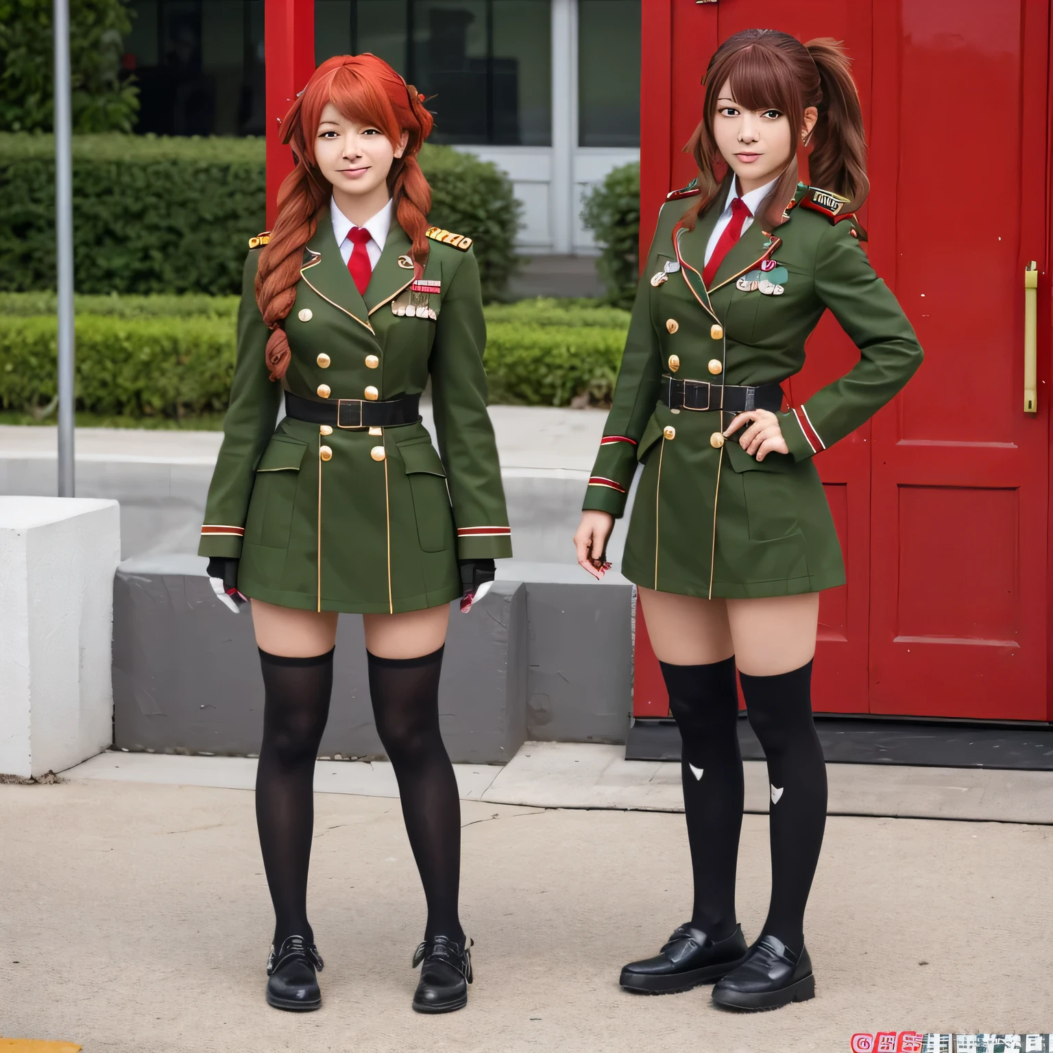 wide shot.whole body.Faces of live-action Tet characters. Tet Kasane has red eyes, twin drill hair, and twin drill hair. drill-shaped side hair. she is a young and cute asian woman. Her clothes are military uniforms.