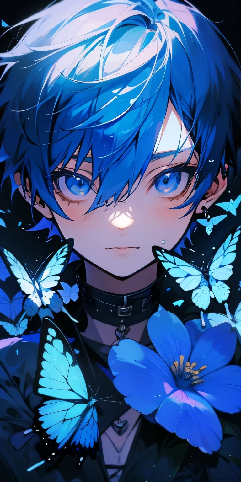 (muste piece), (best quality), very detailed, 1 boy, solo focus，perfect face, beautiful face, very detailed顔，(blue hair:1.3)，(shining blue eyes:1.3)，flower，butterfly々，flowerびら，moonlight，laughter